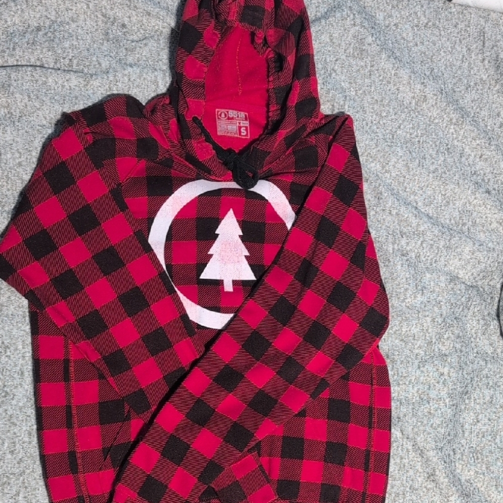 Red and Black Plaid Hoodie with Tree Logo